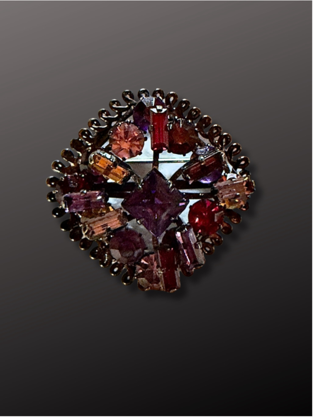 Vintage Multicolour Rhinestone Shield Brooch Purple Red Amber
